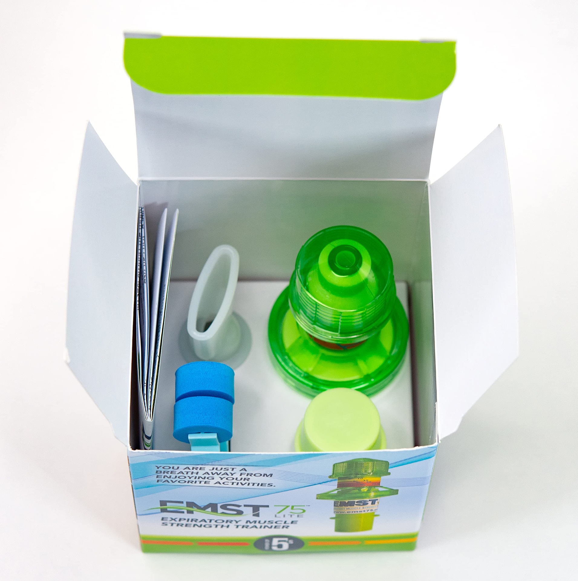 Contenido caja entrenador de fuerza espiratoria EMST75 (Keylab Medical)